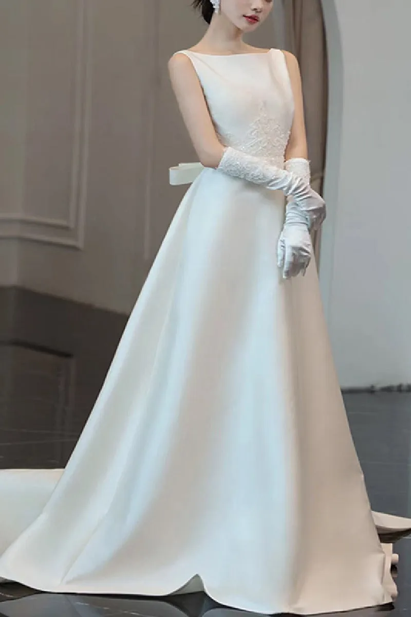 A-Line Chapel Train Satin Wedding Dress 732407195176 sold by Cocomelody product image thumbnail 3
