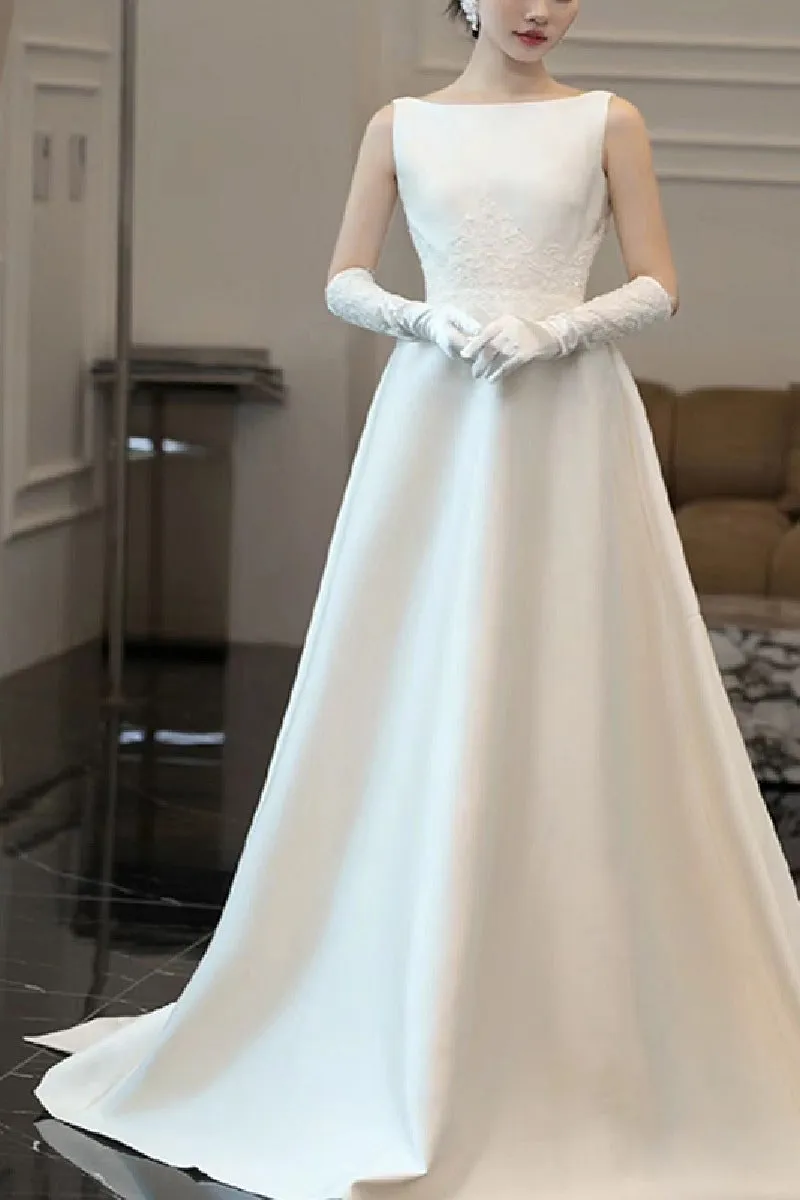 A-Line Chapel Train Satin Wedding Dress 732407195176 sold by Cocomelody