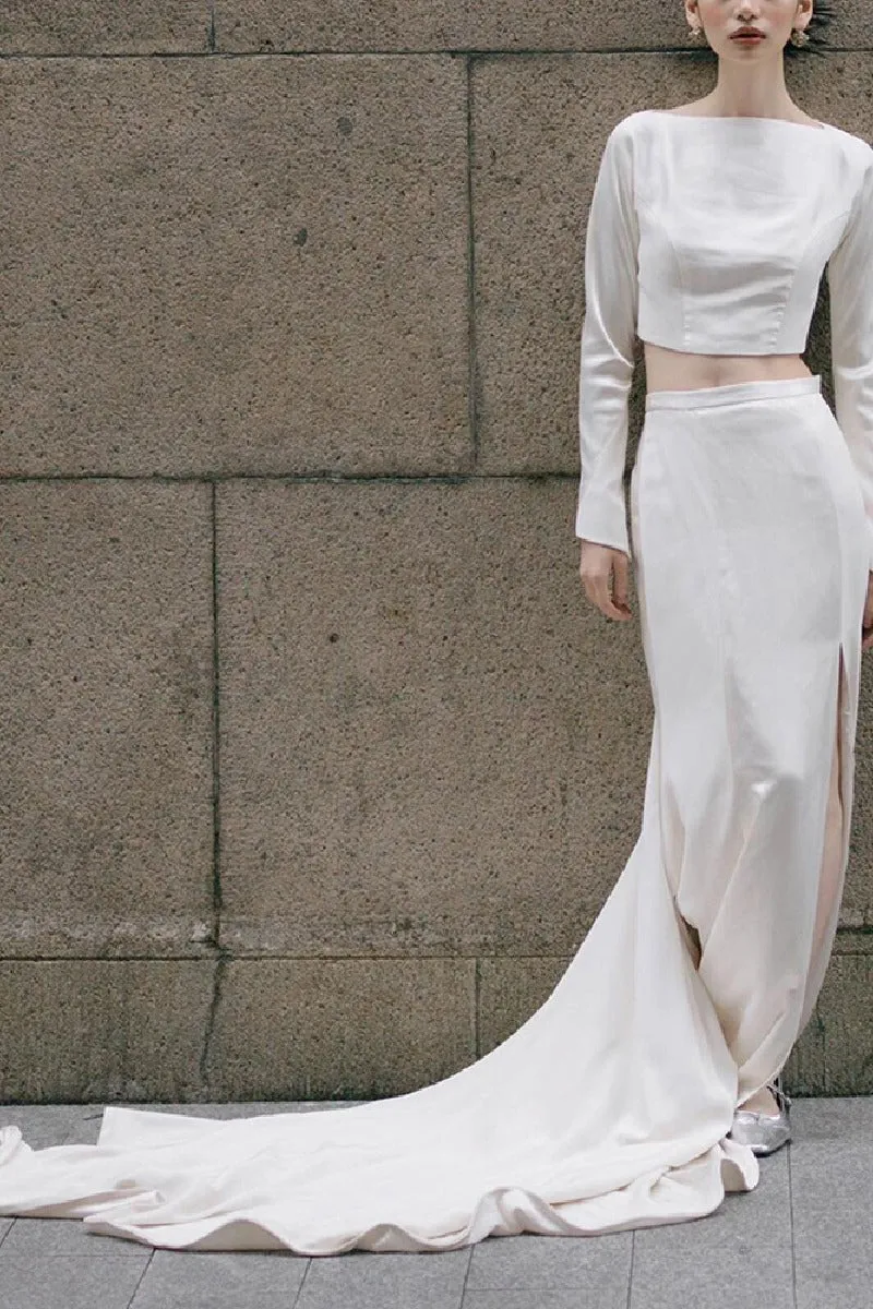 Sheath-Column Chapel Train Satin Wedding Dress 812092434428 sold by Cocomelody product image thumbnail 4