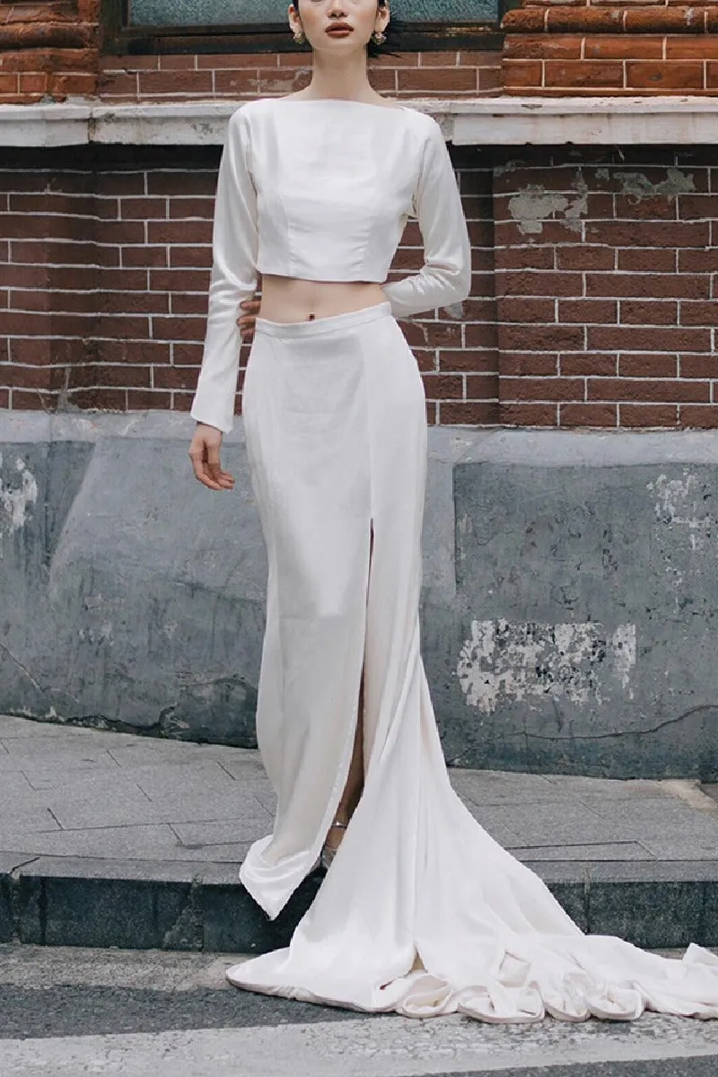 Sheath-Column Chapel Train Satin Wedding Dress 812092434428 sold by Cocomelody