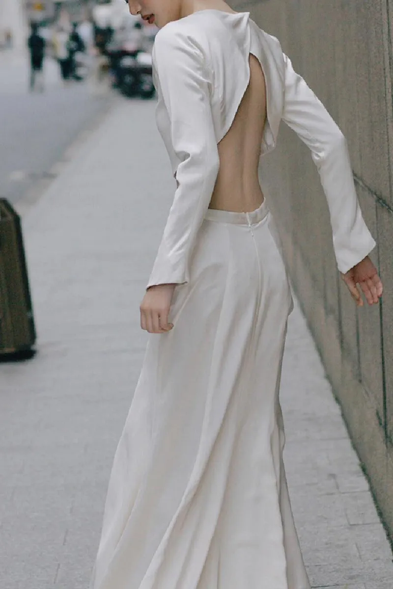 Sheath-Column Chapel Train Satin Wedding Dress 812092434428 sold by Cocomelody product image thumbnail 2