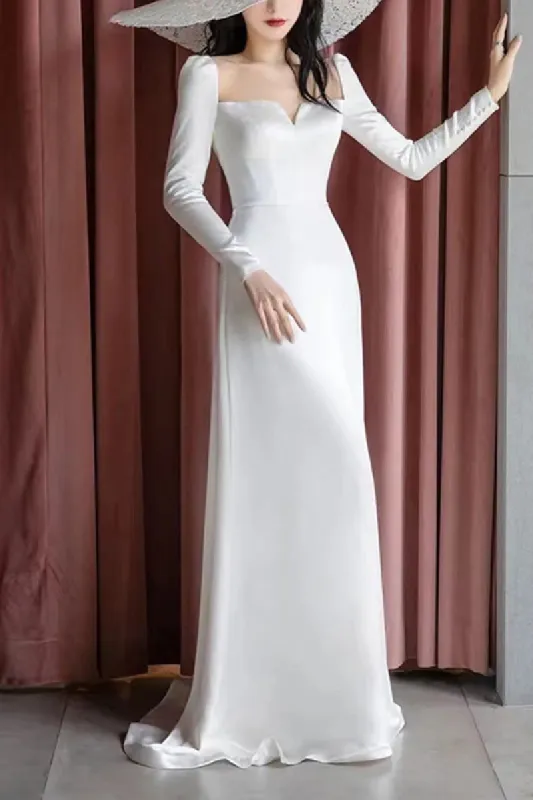Sheath-Column Sweep-Brush Train Satin Wedding Dress 693111381183 sold by Cocomelody