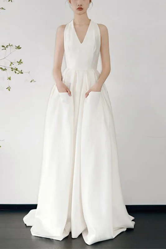 A-Line Sweep-Brush Train Satin Wedding Dress 810370913481 sold by Cocomelody