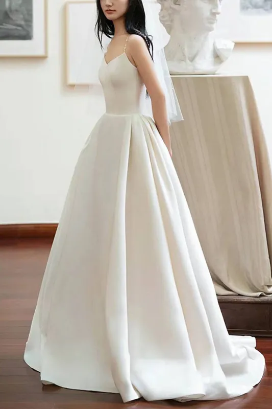 A-Line Sweep-Brush Train Satin Wedding Dress 803828592874 sold by Cocomelody