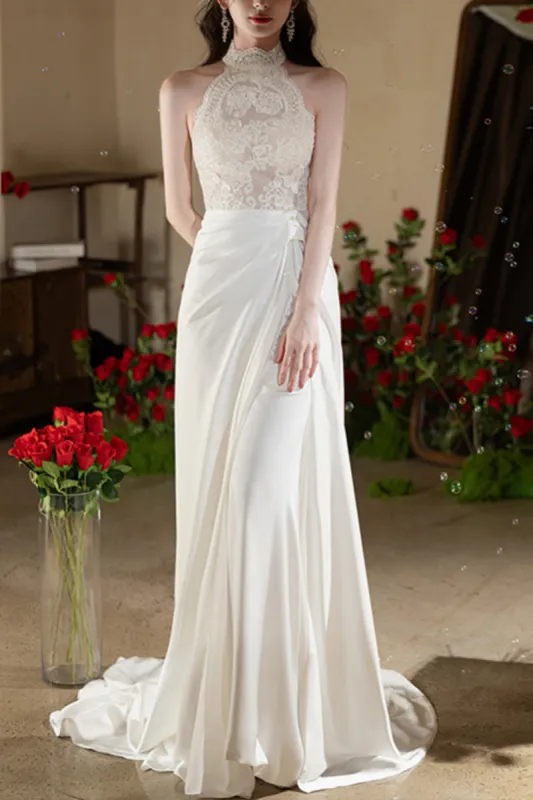 Sheath-Column Chapel Train  Lace Satin Wedding Dress 737835089170 sold by Cocomelody