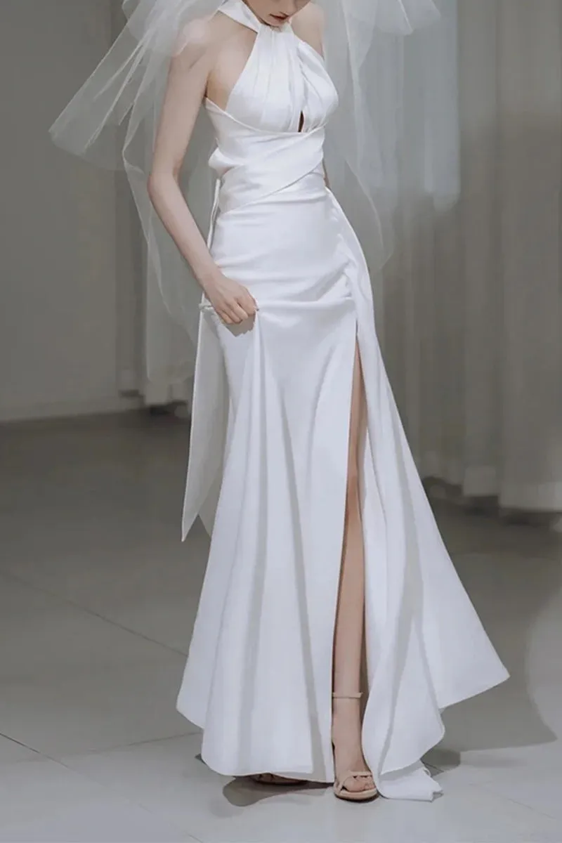 Sheath-Column Sweep-Brush Train Satin Wedding Dress 681178927183 sold by Cocomelody product image thumbnail 4