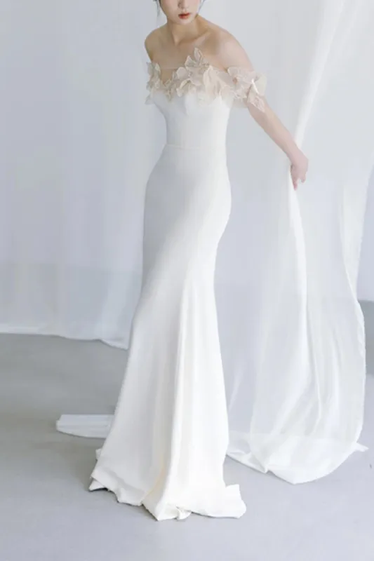 Sheath-Column Sweep-Brush Train Satin Wedding Dress 820632172851 sold by Cocomelody