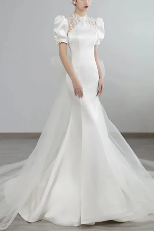 Trumpet-Mermaid Chapel Train Satin Wedding Dress 678713046521 sold by Cocomelody