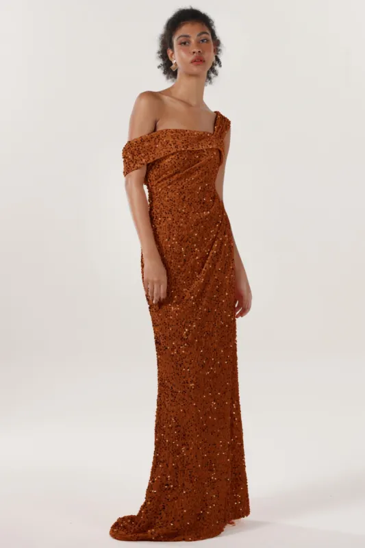 Sheath-Column Sweep-Brush Train Velvet Sequin Bridesmaid Dress CS0635BM sold by Cocomelody