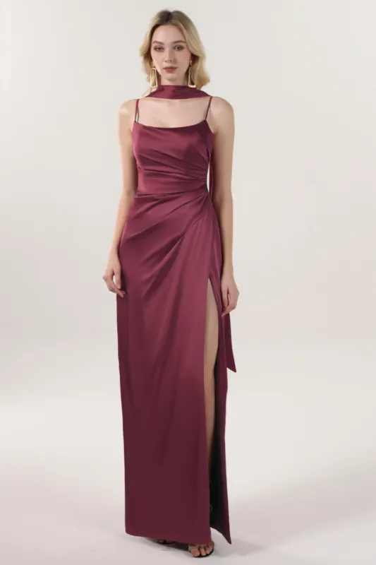 Sheath-Column Maxi Luxe Satin Bridesmaid Dress CS0599BM sold by Cocomelody