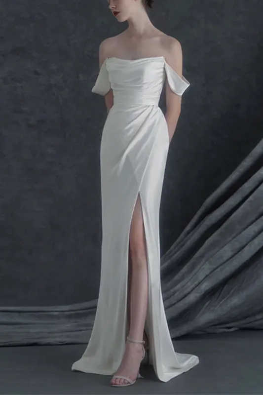 Sheath-Column Sweep-Brush Train Satin Wedding Dress 683314691959 sold by Cocomelody