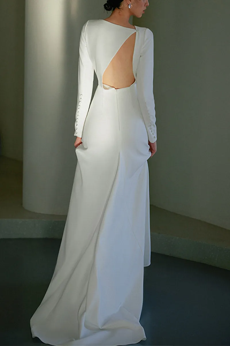 A-Line Sweep-Brush Train Stretch Satin Wedding Dress 681779653285 sold by Cocomelody product image thumbnail 2