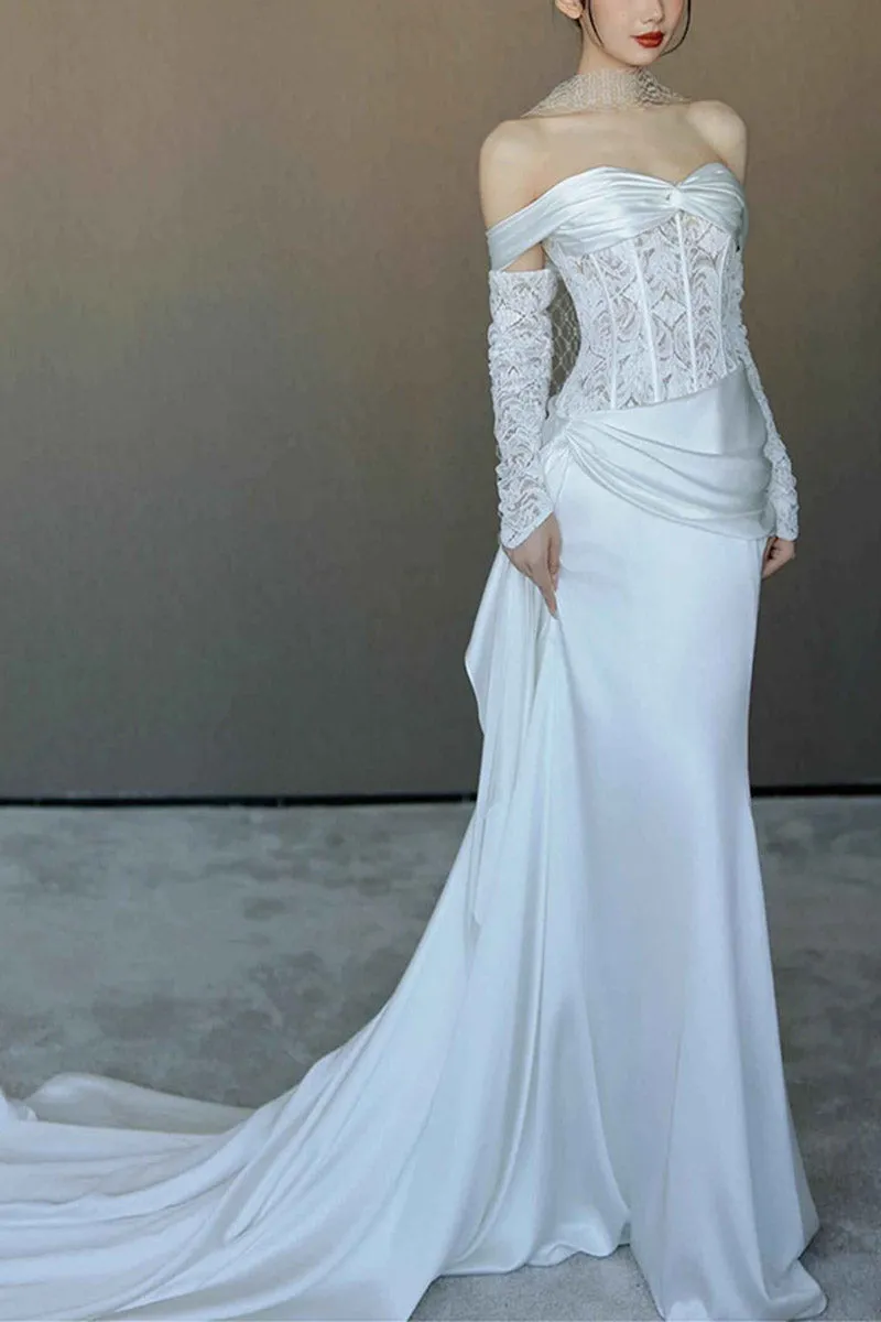 Trumpet-Mermaid Chapel Train Lace Satin Wedding Dress 836304819921 sold by Cocomelody product image thumbnail 3