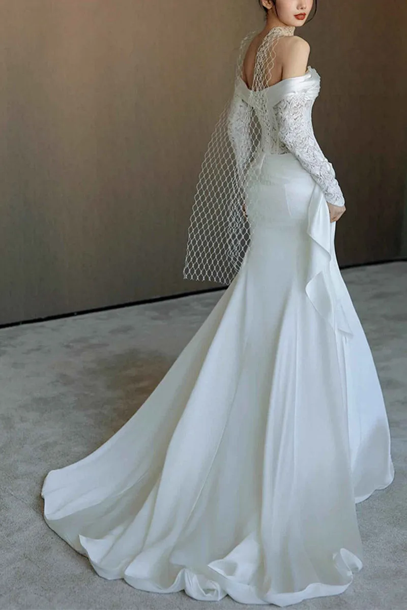 Trumpet-Mermaid Chapel Train Lace Satin Wedding Dress 836304819921 sold by Cocomelody product image thumbnail 2