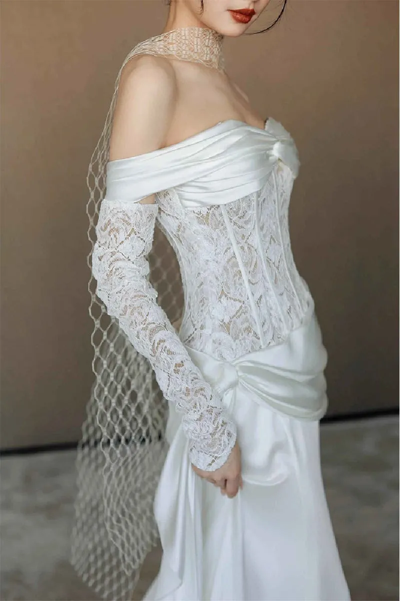 Trumpet-Mermaid Chapel Train Lace Satin Wedding Dress 836304819921 sold by Cocomelody product image thumbnail 5