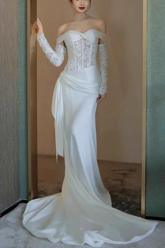 Trumpet-Mermaid Chapel Train  Lace Satin Wedding Dress 836304819921 sold by Cocomelody