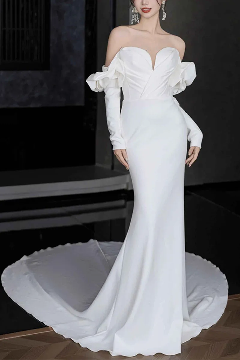 Sheath-Column Chapel Train Satin Wedding Dress 845943897420 sold by Cocomelody