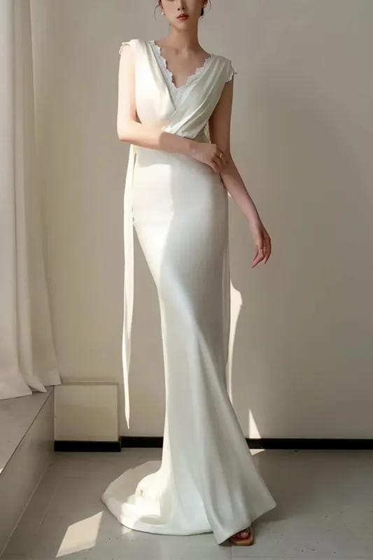 Sheath-Column Sweep-Brush Train Satin Wedding Dress 829680996423 sold by Cocomelody