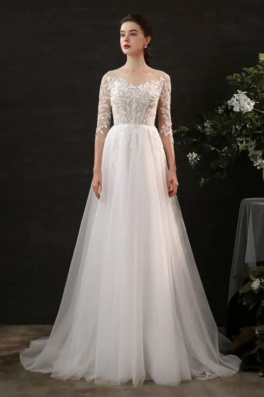 A-Line Sweep-Brush Train Lace Tulle Wedding Dress CW2703CR sold by Cocomelody