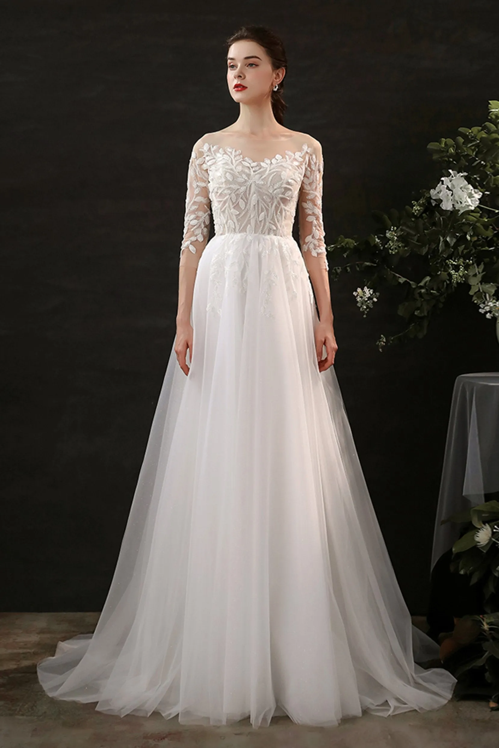 A-Line Sweep-Brush Train Lace Tulle Wedding Dress CW2703CR sold by Cocomelody