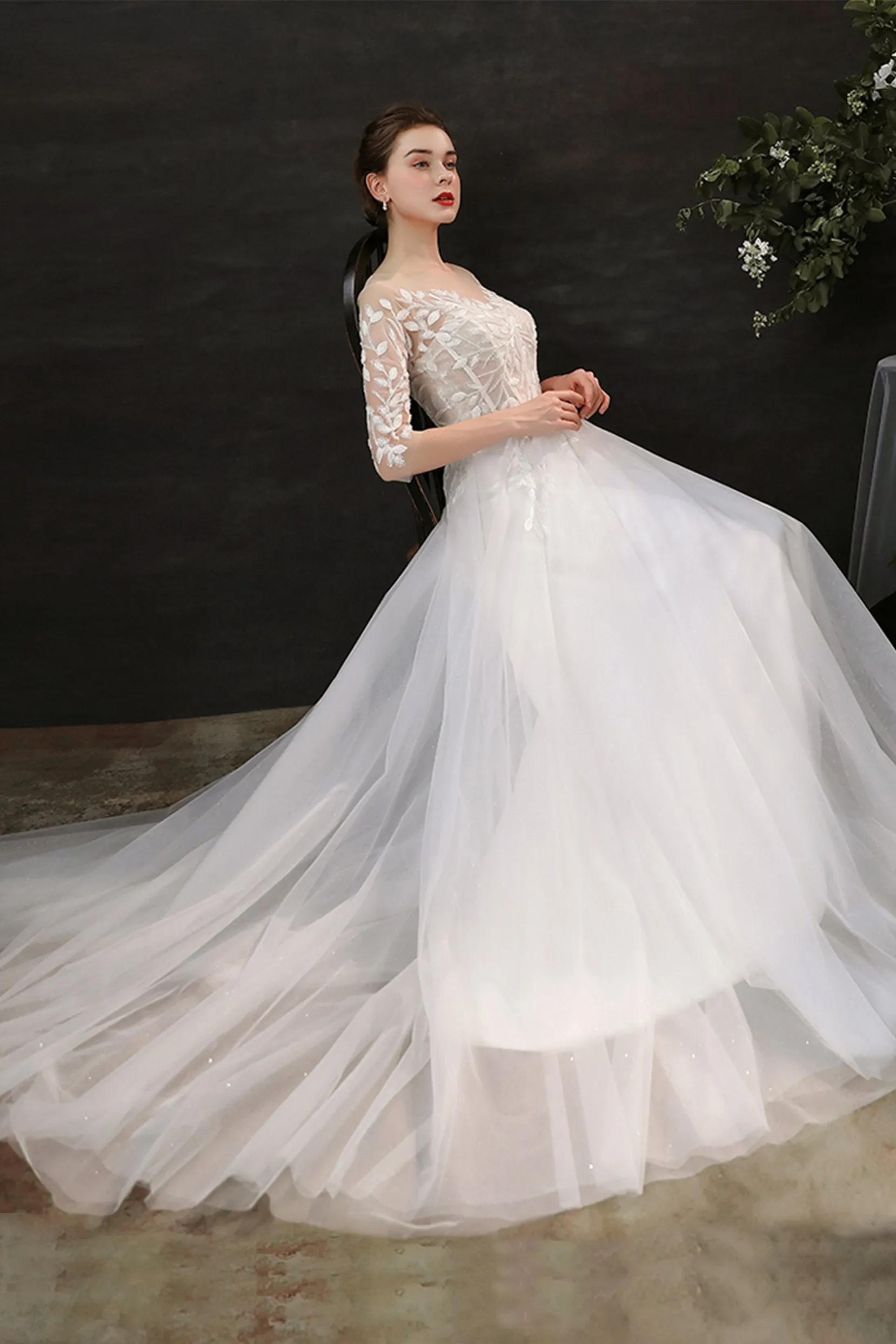 A-Line Sweep-Brush Train Lace Tulle Wedding Dress CW2703CR sold by Cocomelody product image thumbnail 4