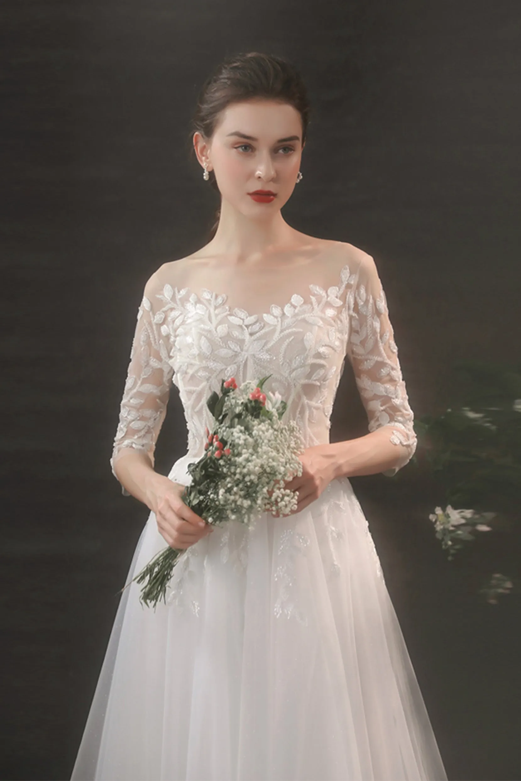 A-Line Sweep-Brush Train Lace Tulle Wedding Dress CW2703CR sold by Cocomelody product image thumbnail 5
