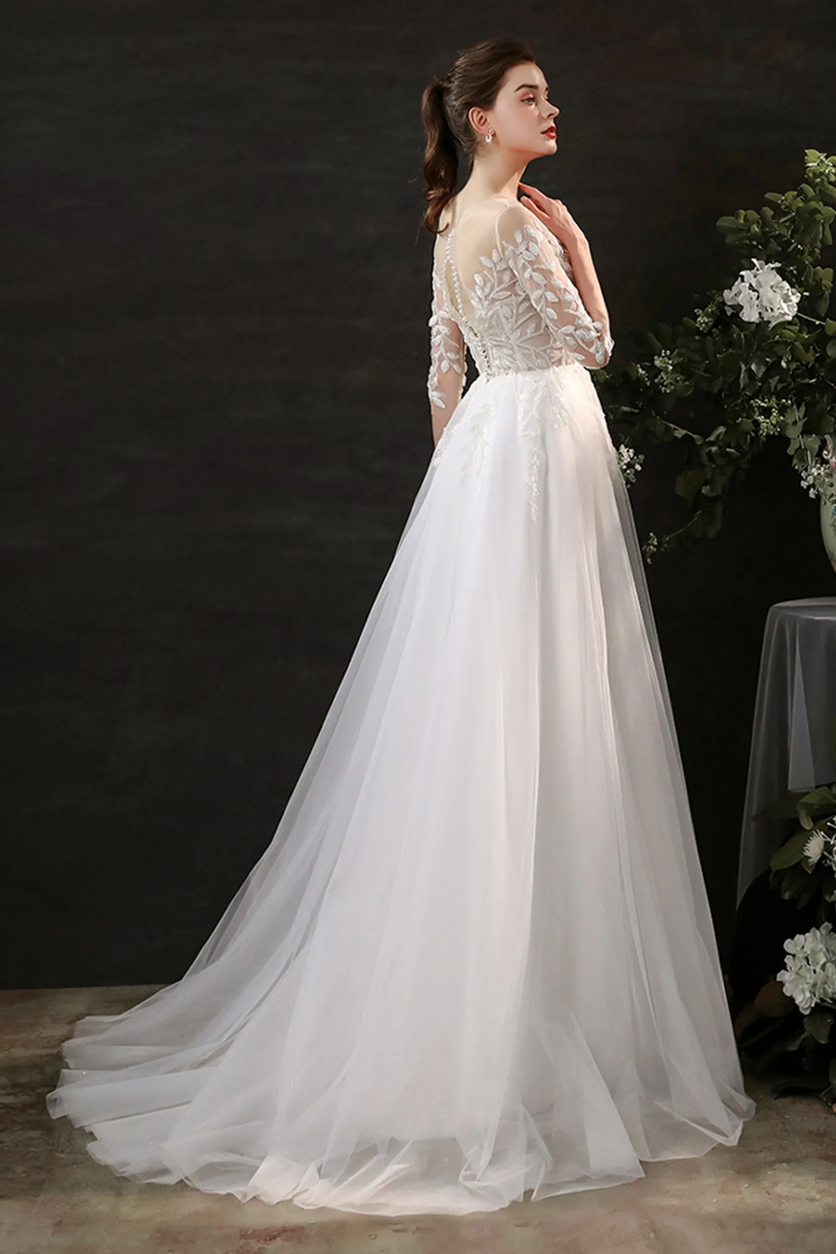 A-Line Sweep-Brush Train Lace Tulle Wedding Dress CW2703CR sold by Cocomelody product image thumbnail 2