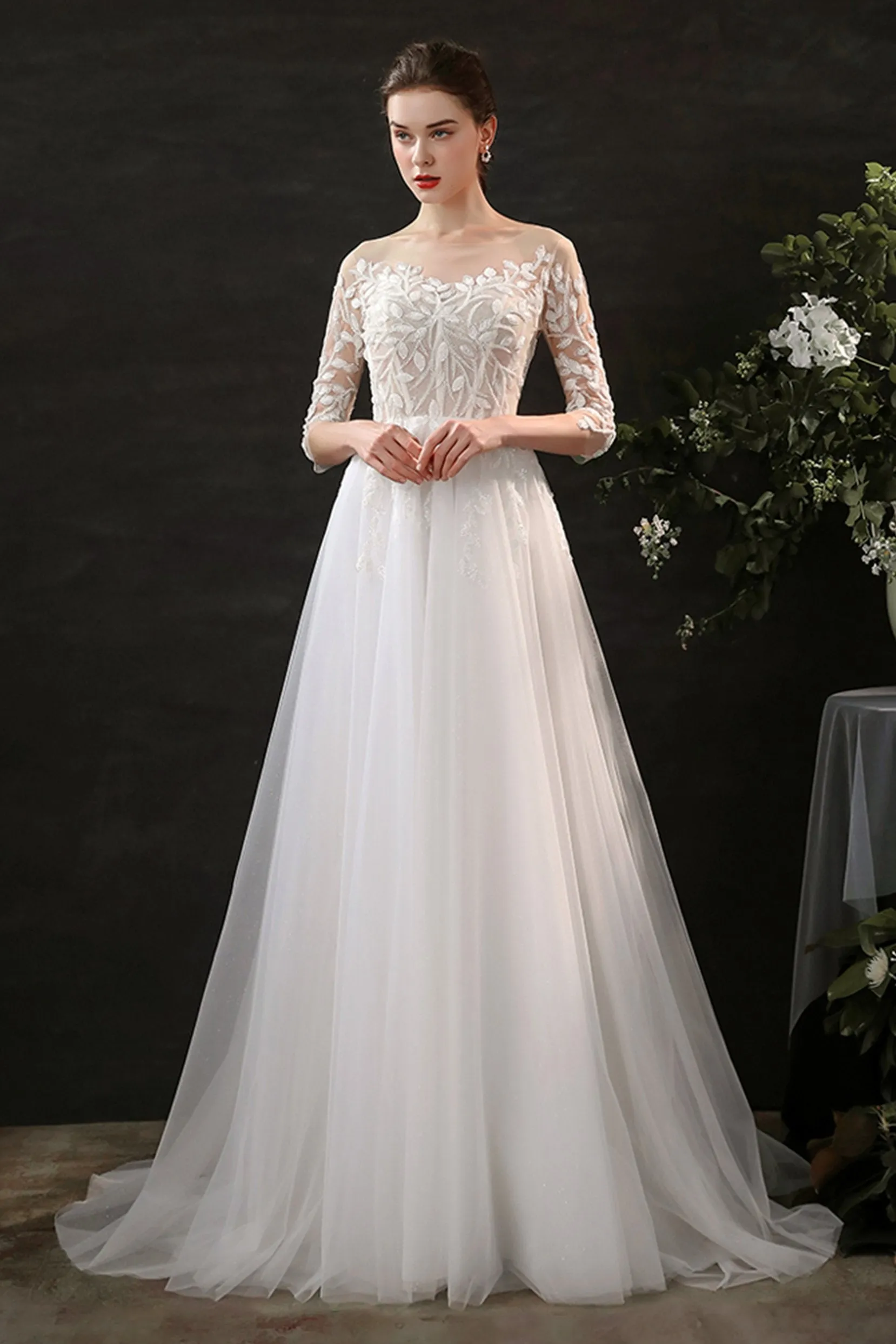 A-Line Sweep-Brush Train Lace Tulle Wedding Dress CW2703CR sold by Cocomelody product image thumbnail 3