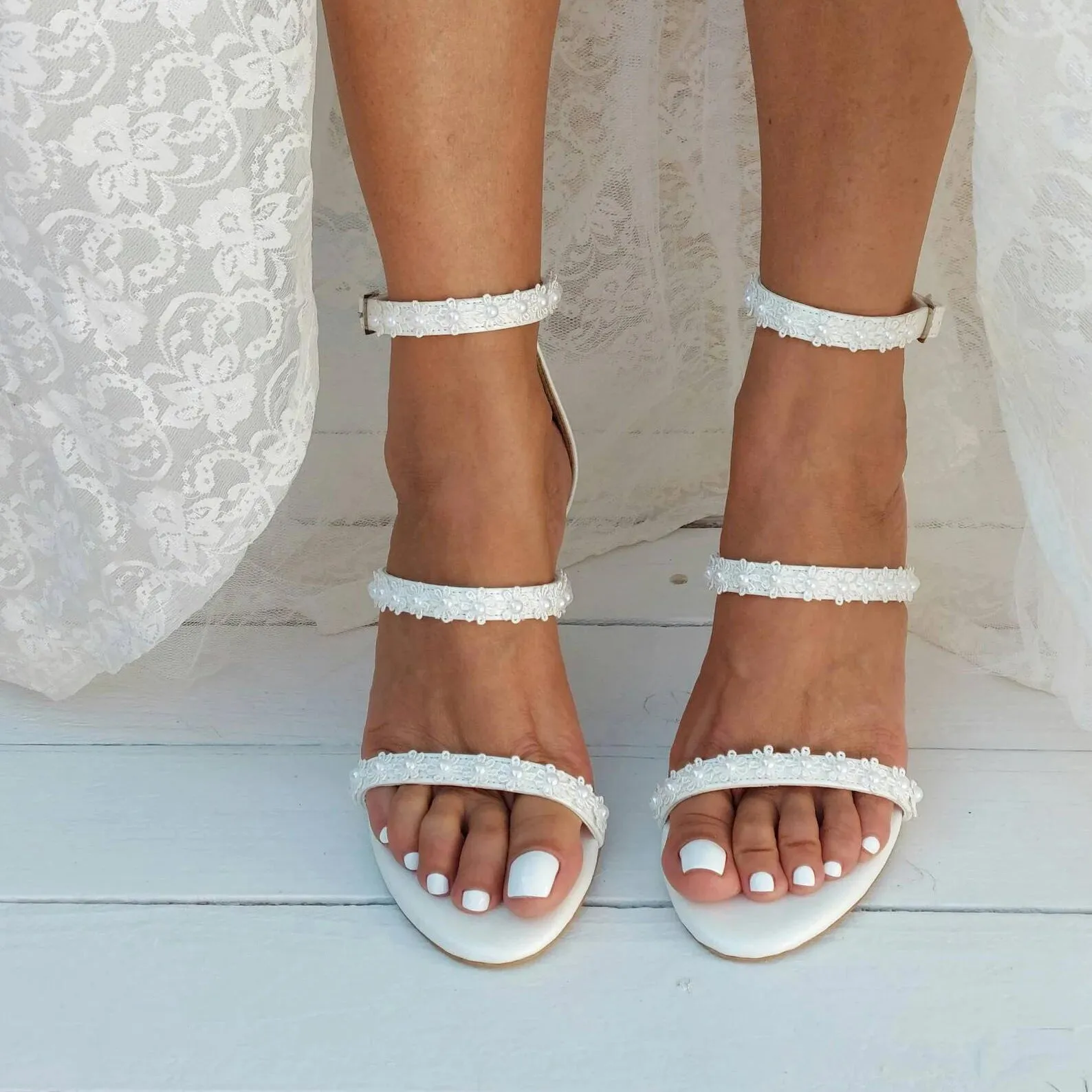 White Lace Ankle Strap Block Heel Sandals 708995413390 sold by Cocomelody product image thumbnail 2