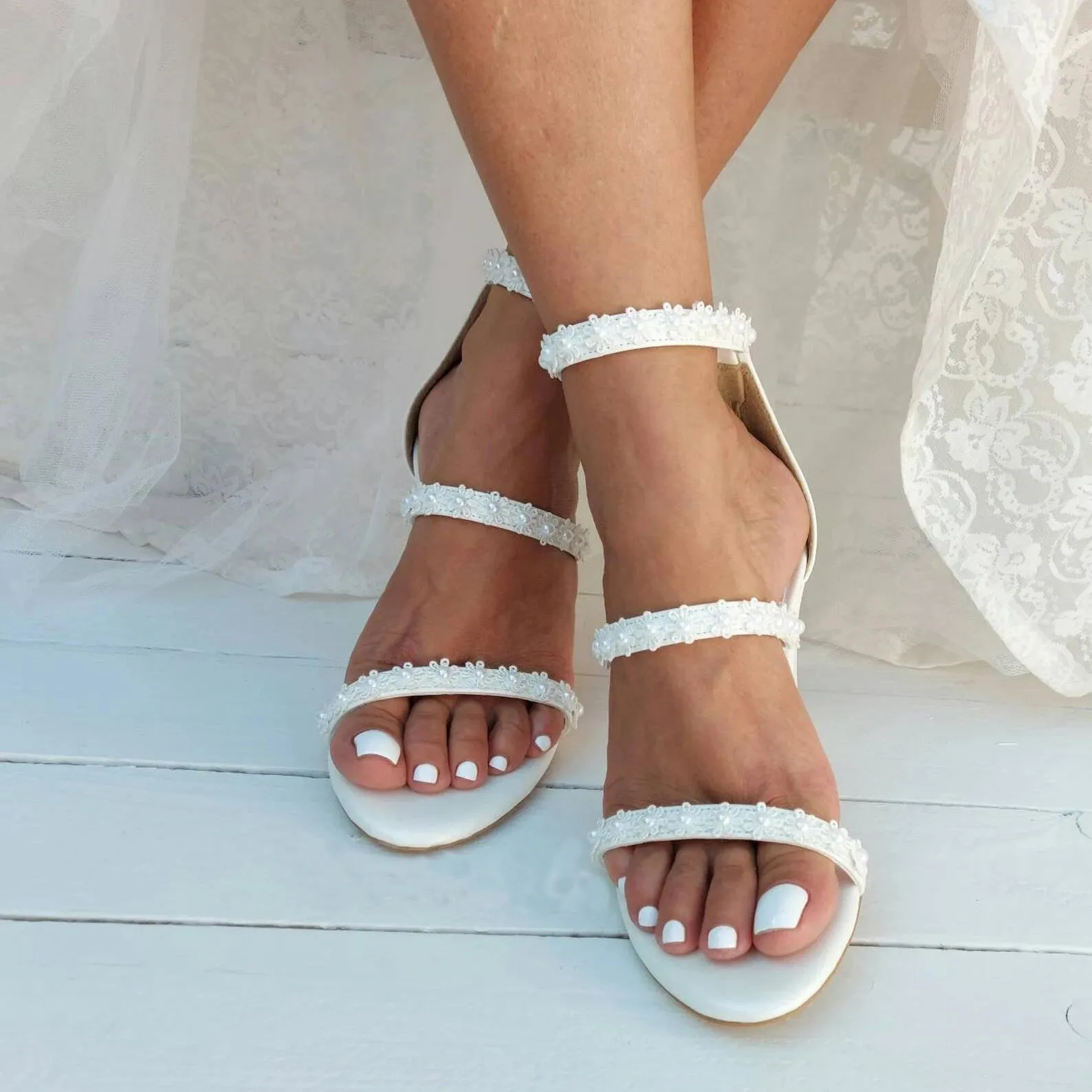 White Lace Ankle Strap Block Heel Sandals 708995413390 sold by Cocomelody product image thumbnail 3