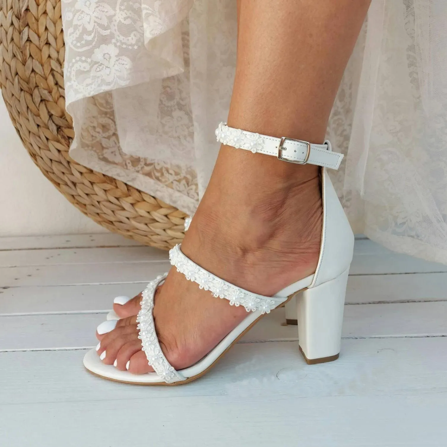 White Lace Ankle Strap Block Heel Sandals 708995413390 sold by Cocomelody product image thumbnail 5