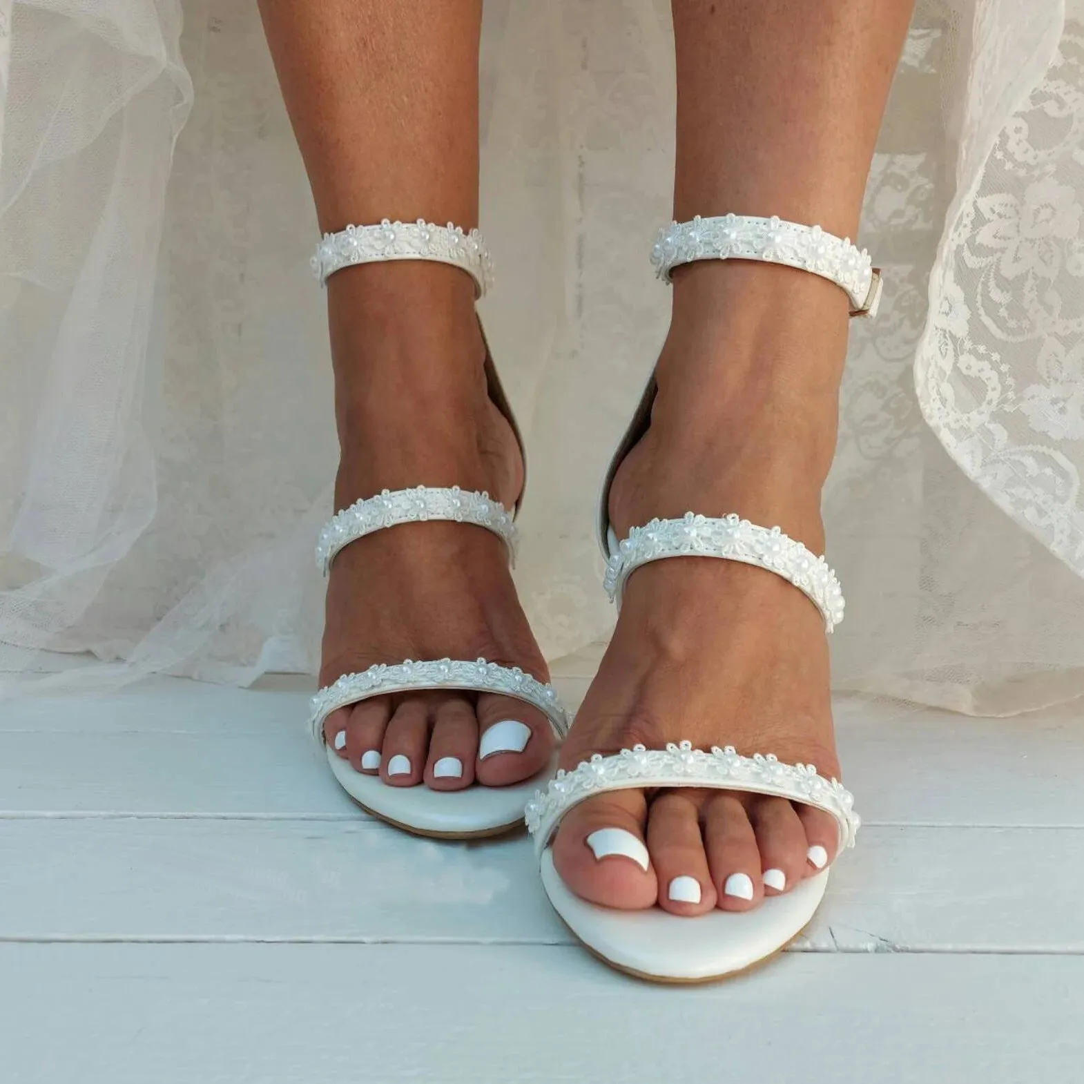 White Lace Ankle Strap Block Heel Sandals 708995413390 sold by Cocomelody