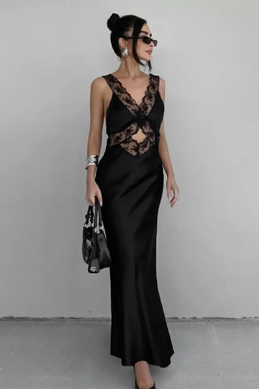 Stylish black lace patchwork suspender cocktail dress 766809150787 sold by Cocomelody