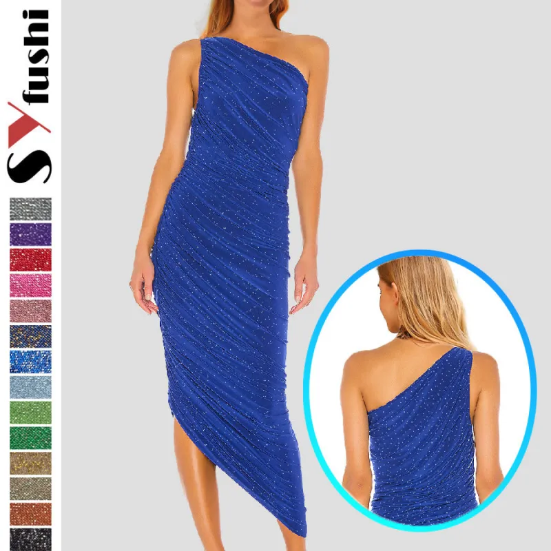Silver wire pleated oblique shoulder cocktail dress 752479154321 sold by Cocomelody
