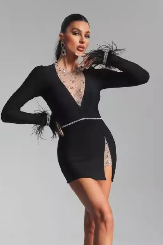 Feathered long sleeve little black dress bandage cocktail dress 799166656038 sold by Cocomelody