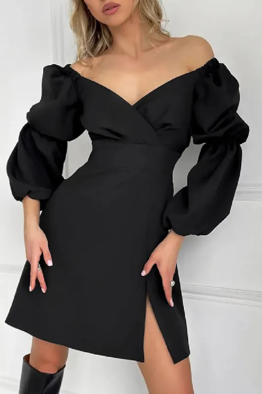 Black V-neck lantern sleeve waistline A-line little black cocktail dress 840281839688 sold by Cocomelody