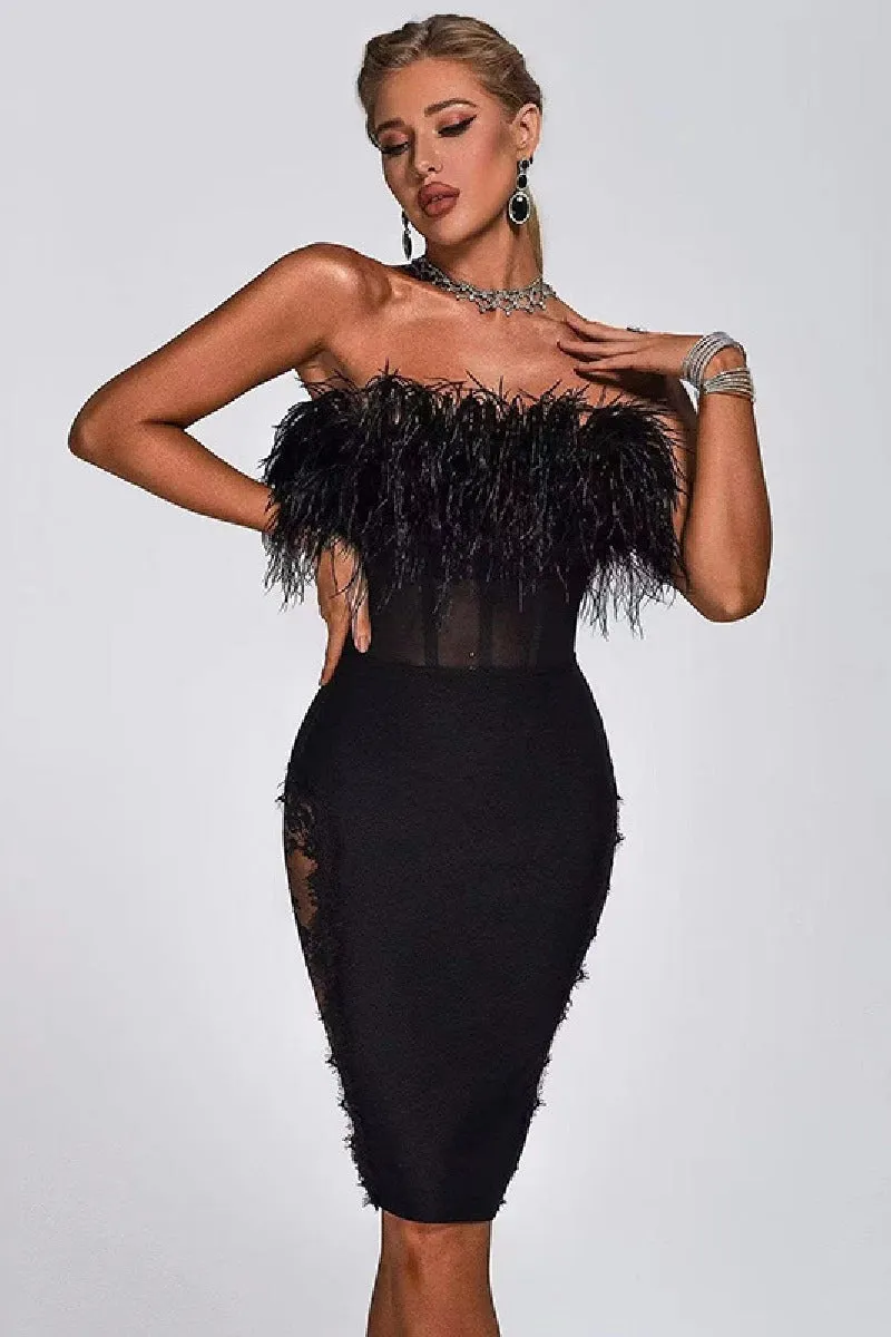 Bodice feather lace cutout mesh sheath hip bandage cocktail dress 738287275067 sold by Cocomelody