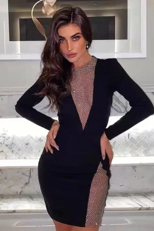 Shiny V-neck rhine-diamond slim-fit split cocktail dress 740086624931 sold by Cocomelody