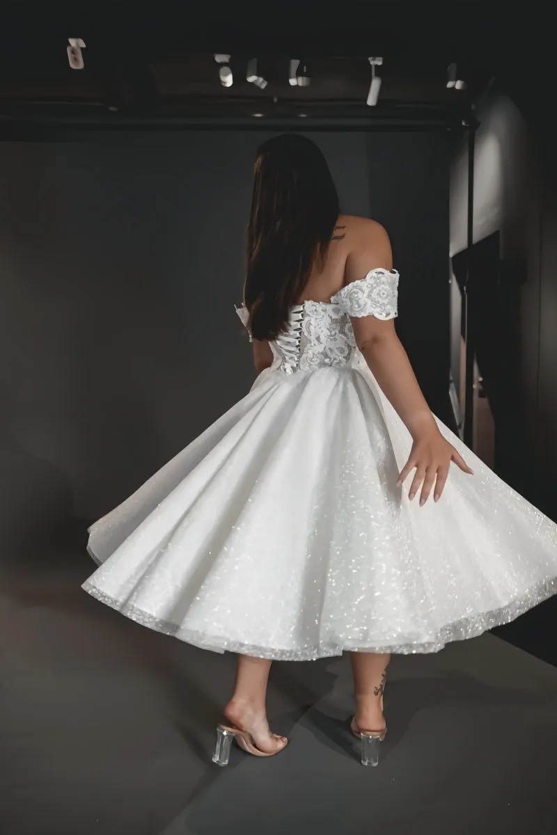 A-Line Off The Shoulder Tea-Length Wedding Dress CW3397 sold by Cocomelody product image thumbnail 3