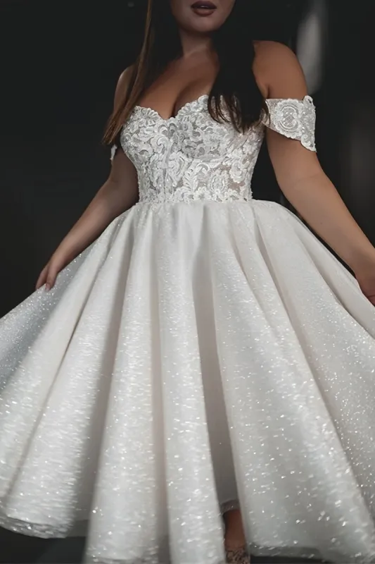 A-Line Off-The-Shoulder Tea-Length Wedding Dress CW3397 sold by Cocomelody