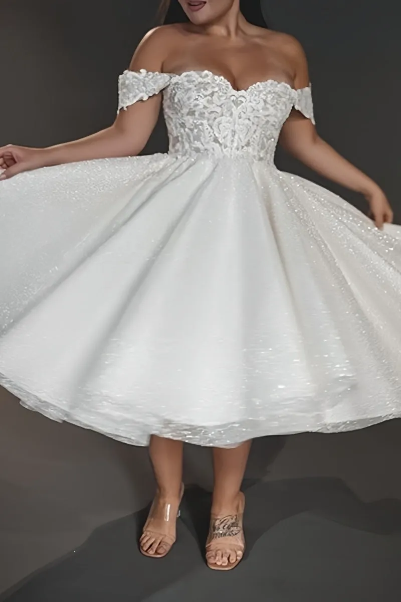 A-Line Off The Shoulder Tea-Length Wedding Dress CW3397 sold by Cocomelody product image thumbnail 2