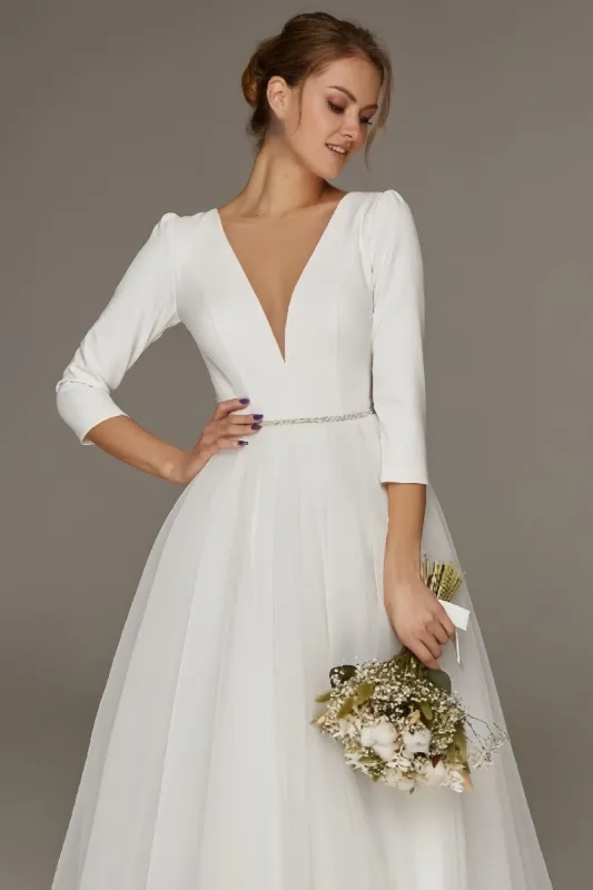 A-Line V-Neck Beaded Satin Tulle Ankle-Length Dress CW3391 sold by Cocomelody