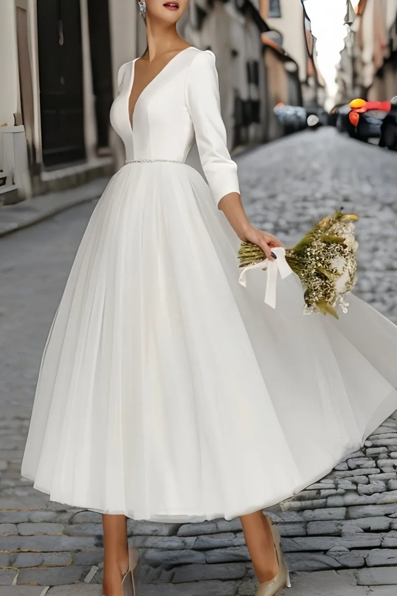 A-Line V-Neck Beaded Stretch Satin Tulle Ankle-Length Dress CW3391 sold by Cocomelody product image thumbnail 5
