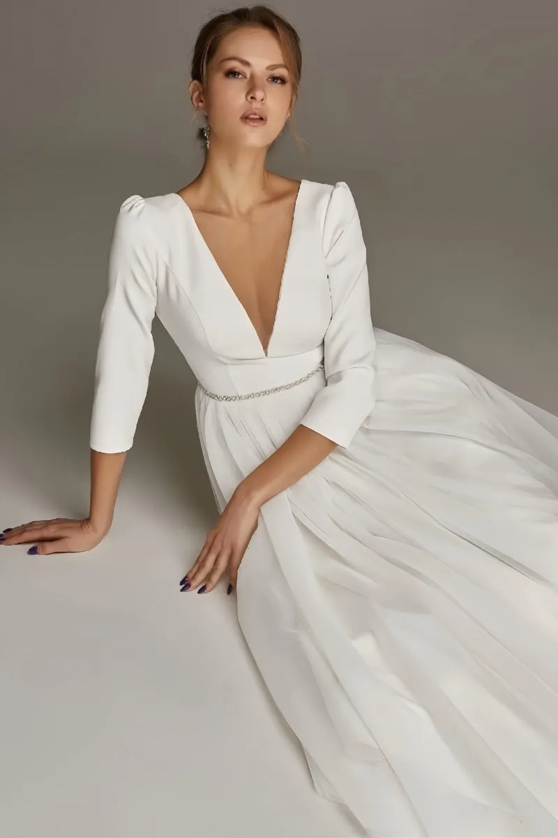 A-Line V-Neck Beaded Stretch Satin Tulle Ankle-Length Dress CW3391 sold by Cocomelody product image thumbnail 2