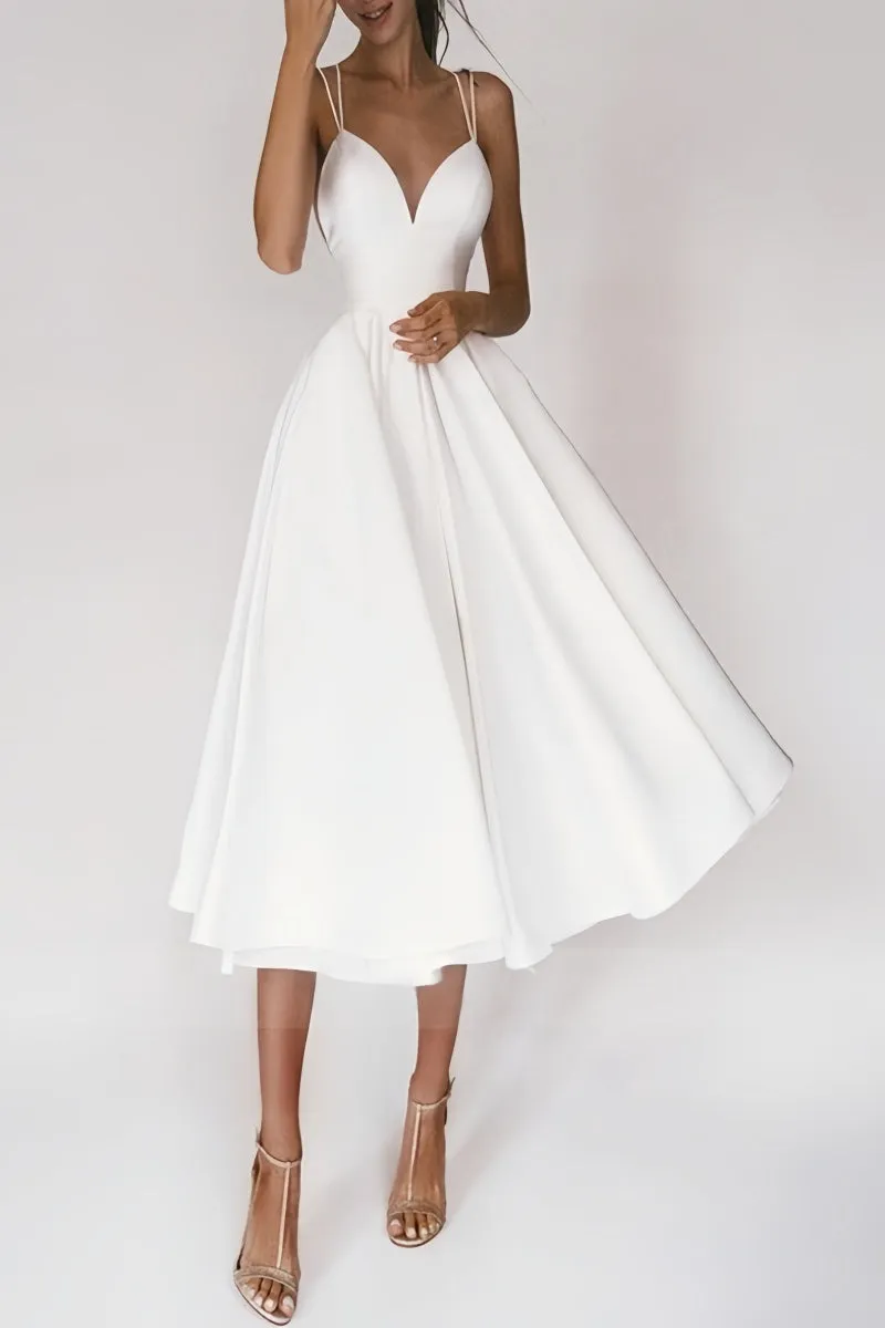 A-Line V-Neck Sleeveless Satin Tea-Length Dress CW3390 sold by Cocomelody