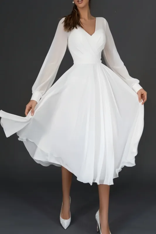 Long Sleeve Chiffon Tea-Length Little White Dress CW3385 sold by Cocomelody