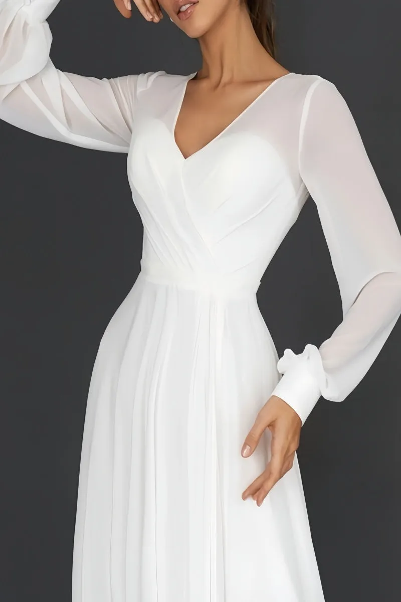 Long Sleeve Chiffon Tea-Length Little White Dress CW3385 sold by Cocomelody product image thumbnail 3