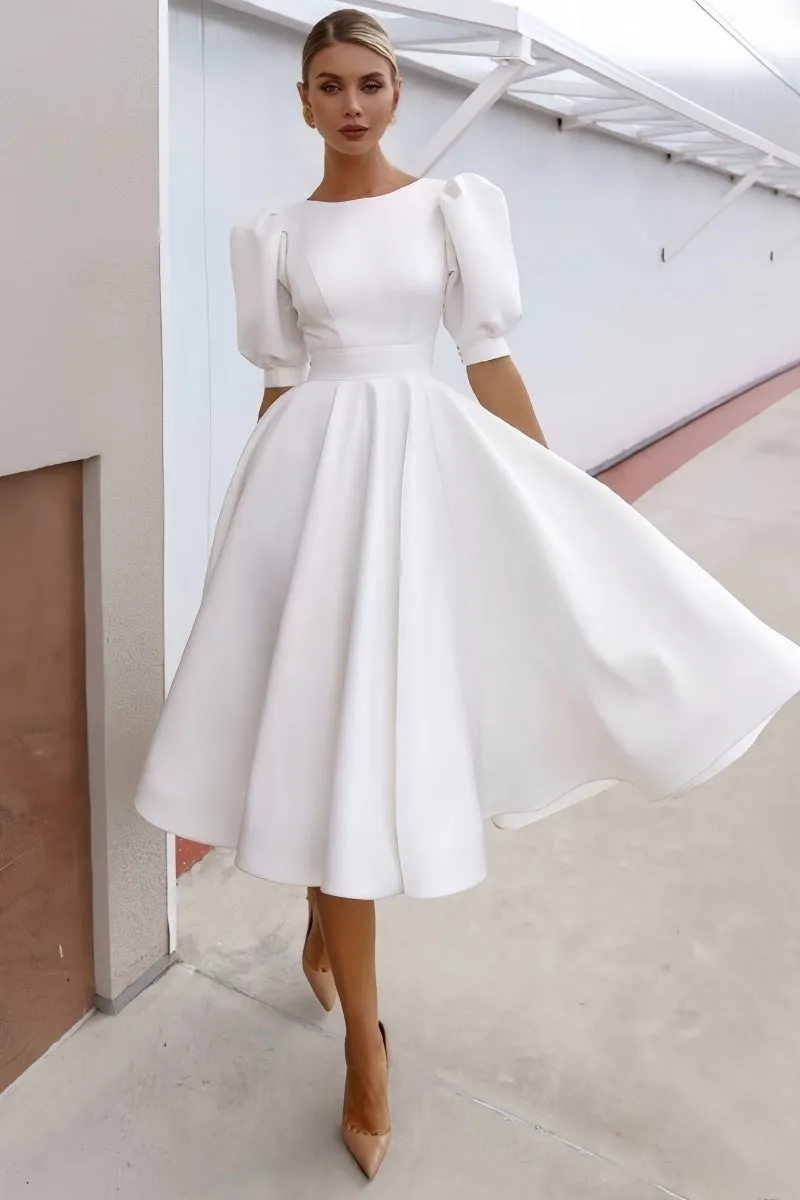 Short Sleeve Satin Tea-Length Little White Dress CW3384 sold by Cocomelody