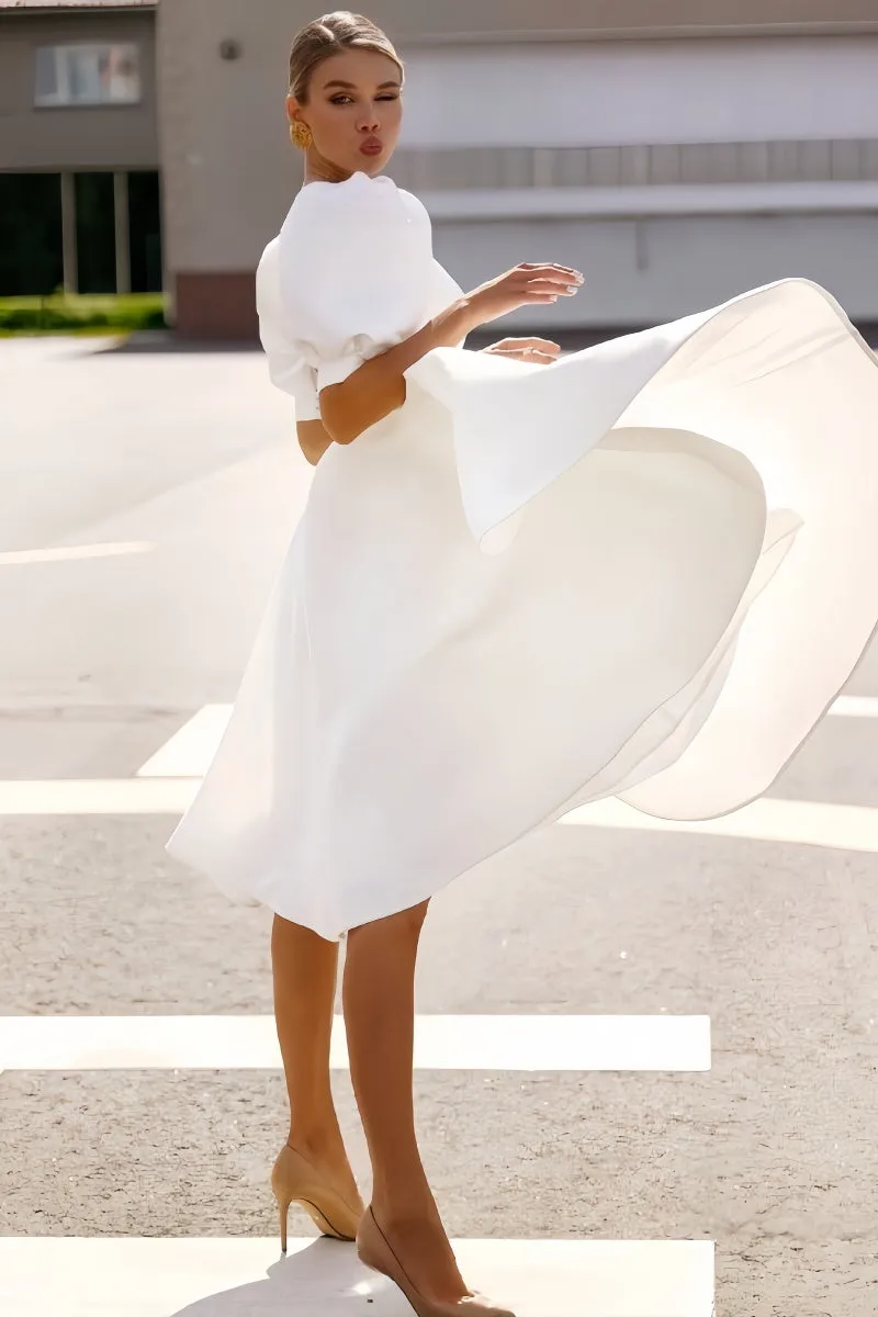 Short Sleeve Satin Tea-Length Little White Dress CW3384 sold by Cocomelody product image thumbnail 2