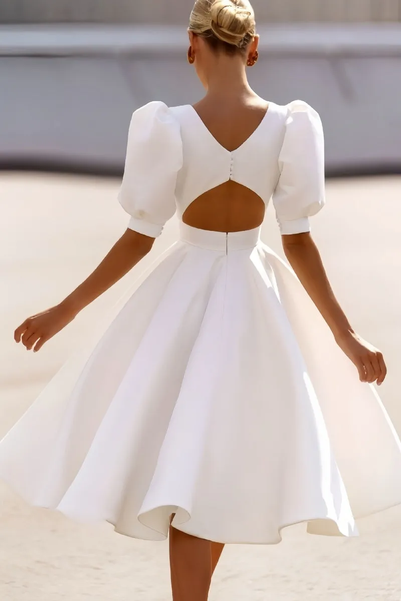 Short Sleeve Satin Tea-Length Little White Dress CW3384 sold by Cocomelody product image thumbnail 3